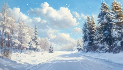 Obraz premium Winter Wonderland, A serene snowy road through snow-covered treescape
