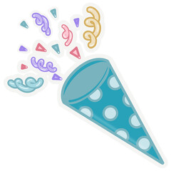 Party sticker collection set. Cute pastel colors. Can be used for card, invitation, border. Isolated illustration of birthday, elements like gift, cake, balloon, hand drawn cartoon illustration.