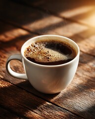 Inviting americano coffee in a white ceramic mug on a wooden table with warm and cozy vibes