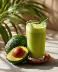 A refreshing glass of green smoothie next to a fresh green avocado on a pastel tone cafe table