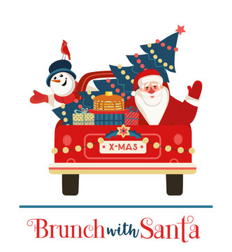 Brunch with Santa Festive Holiday comic poster. Santa deliver pancakes by red truck. Funny breakfast Christmas kids enjoy. New Year eve festive menu invitation background cartoon illustration