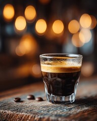 Aromatic espresso shot with rich crema served on a rustic wooden bar counter in cinematic style