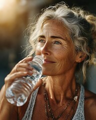 Middle-aged woman quenching her thirst with a refreshing glass of water outdoors in nature