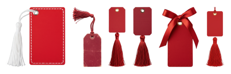 Red tags set including blank, textured, stitched, tasseled, and ribbon bow designs isolated. Ideal for gifts, pricing, or product labeling.