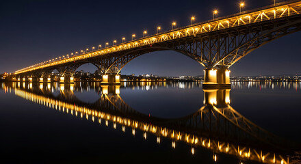 Illuminated bridge at night with reflections on calm water