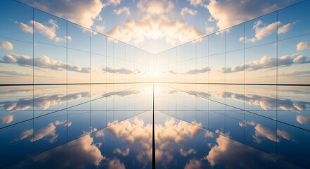 Symmetrical reflection of clouds and sky on a mirrored surface