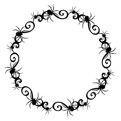 Logo con silueta de arañas con filigrana caligráfica. Corona circular con florituras para tarjetas y felicitaciones de Halloween