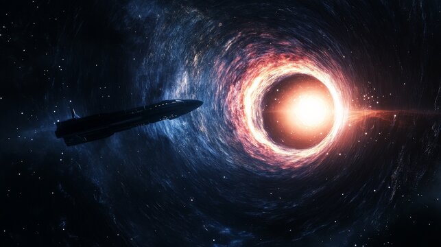 Futuristic spaceship approaching a swirling wormhole in the depths of space, journeying through time and dimensions within a distant galaxy filled with vibrant stars and colorful nebulae