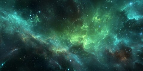 Fototapeta premium Majestic Green Nebula with Stars, Cosmic Clouds, and Ethereal Energy in a Vast Universe of Colorful Galaxies