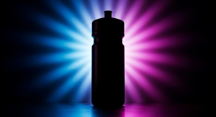 Sleek silhouette of a sports bottle for hydration, illuminated by vibrant duotone neon lights creating a starburst effect