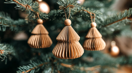 Close-up of handmade eco Christmas decorations made from recycled paper hanging on a natural fir tree. Warm cozy lighting and minimal aesthetic reflect the sustainable holiday trend.