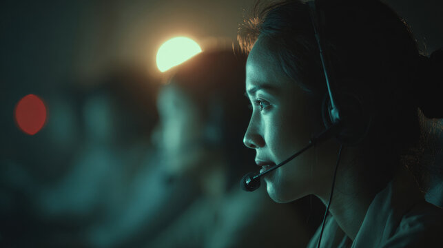 Scammer call center, mysterious operators in the room. hacker call center concept. Dangerous criminal threatening victim by phone, demanding money via blackmail
