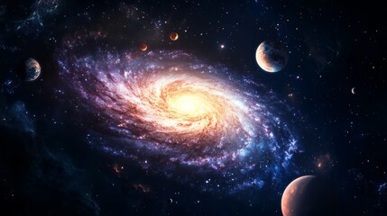 Fototapeta premium Planets orbiting within a vibrant spiral galaxy, surrounded by the vastness of deep space, reveal the incredible wonders of the universe and its cosmic beauty