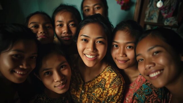Close-up of young women smiling together in a vibrant Indonesian dormitory adorned with colorful batik patterns