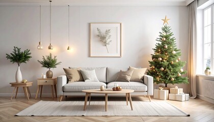 Fototapeta premium A modern living room with minimalist Christmas 2025 decor features a Christmas tree, presents, and a cozy couch with a warm ambiance.