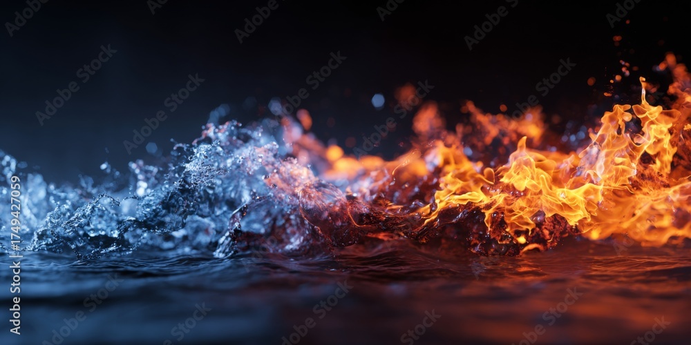 Wall mural fiery clash of flames and icy waves creating an intense visual display of fire versus ice in a vibra