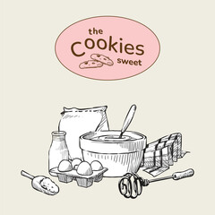 Cookies biscuit snack logo bakery bread with baking utensil and ingredient hand drawn illustration element set for label, menu, printing, package, marketing content, and banner