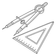 A black and white line drawing illustration of a drafting compass and a triangular ruler with measurement markings on a white background