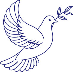 Blue outline drawing of a dove flying with a green branch in its beak bird peace