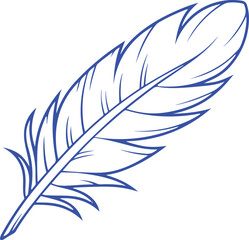 Blue outline drawing of a single feather with detailed barbs quill bird