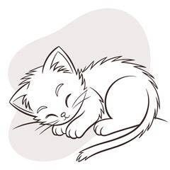 Adorable black and white line art illustration of a cute fluffy kitten peacefully sleeping curled up on a light gray organic shape background