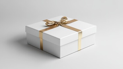 Obraz premium Elegant White Gift Box with Golden Ribbon and Bow, Perfect for Special Occasions, Celebrations, and Holiday Presents, Clean Background, 3D Render