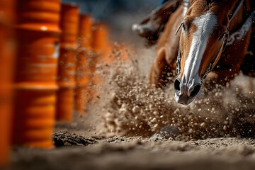 Dynamic Barrel Racing Action in Rodeo Arena with Fast-Paced Horse Movement for Equestrian Sports Enthusiasts