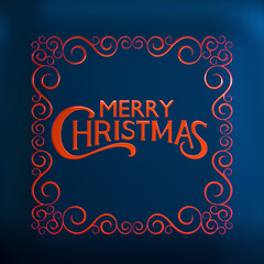 Decorative framework on dark blue background. Lettering Merry Christmas. Foil effect, glare. 
