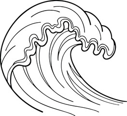 Stylized black and white line art of a large crashing ocean wave water surf