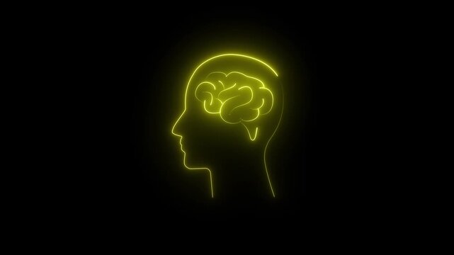 Brain and human head icon, Human head line icon animation. Glowing neon human head on black background. Human head with neon brain emblem, medicine, sign, human body part, on a black background