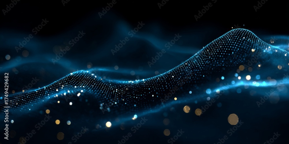 Wall mural abstract blue digital wave pattern with glowing dots flowing across a dark background for futuristic