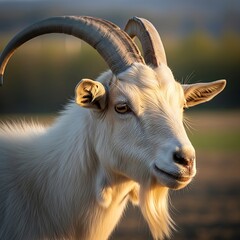 Portrait of a White Goat with Horns in Natural Light.