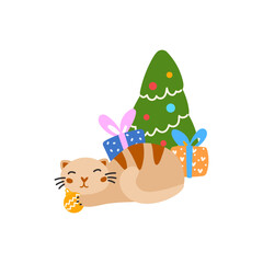 Vector illustration of a cute cat with Christmas and New Year elements, perfect for holiday designs, stickers, clipart, decorating seasonal projects, winter party prints, and festive decorations