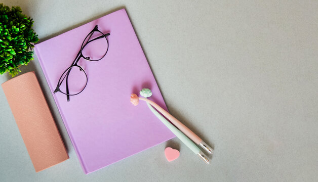 Notebook on light gray background with pens and erasers. Glasses with case. Flower