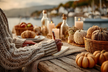 Obraz premium Cozy Autumn Waterfront Brunch with Diary Writing and Rustic Decor for Seasonal Inspirations