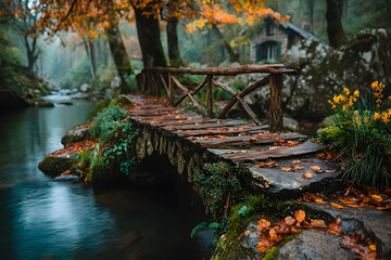Rustic Autumn Bridge Over Serene Stream in Forest Landscape