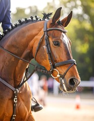 Obraz premium A chestnut horse, saddled and bridled, with a braided mane, is focused on the horizon in soft, natural light. The rider is partially visible
