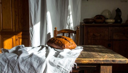 A loaf of freshly baked bread sits on a rustic wooden table draped with a white cloth in a cozy room with a wooden cabinet