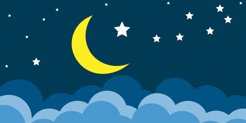 Fototapeta premium night sky with stars and moon. paper art style. Dreamy background with moon stars and clouds, abstract fantasy background. Half moon, stars and clouds on the dark night sky background.