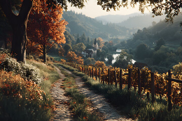 Autumn Vineyard Pathway Scenic View for Tranquil Nature Art Print