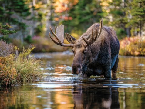 Maine Moose: Drooling Adult Moose with Antlers forages for breakfast in Autumn at Sandy Stream Pond, Baxter State Park