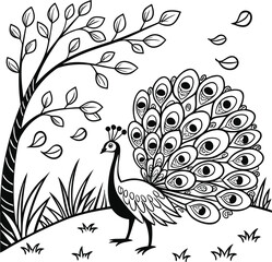 Fototapeta premium Stylized-peacock-art-a-stylized-black-and-white.