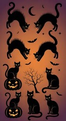 Halloween Black Cats and Pumpkins Spooky Night Illustration.