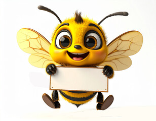 Cute 3D Cartoon Bee Holding Blank Sign, Happy Smiling Character Illustration on White Background