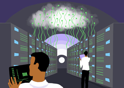 People analyzing data in a server room with cloud computing network