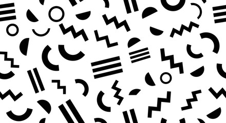 Bold black geometric shapes in a dynamic, scattered pattern on white