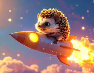 Cute 3D Hedgehog Riding Rocket in the Sky, Adorable Cartoon Character Adventure