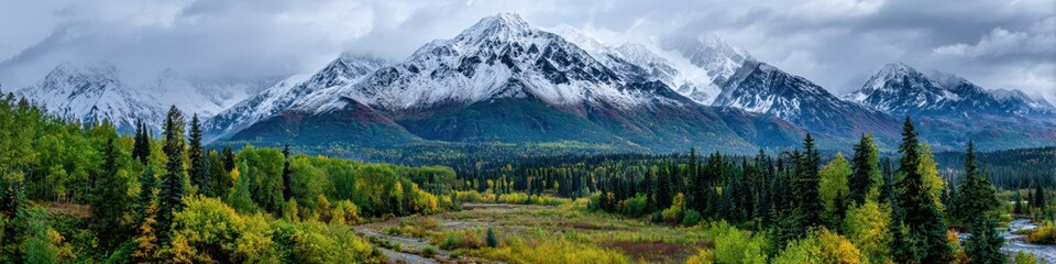 Obraz premium Matanuska Valley Alaska. Colorful Photography of Snowy Mountains, Green Forests, and River in the U.S. State of Alaska