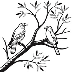 Two Little Birds Meet on a Leafless Branch Under the Sky