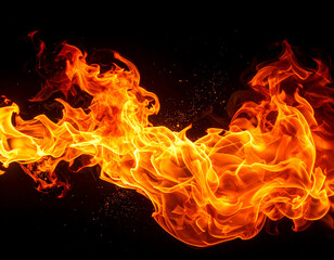 Realistic Orange Fire Flame on Black Background, Hot Burning Energy Motion
